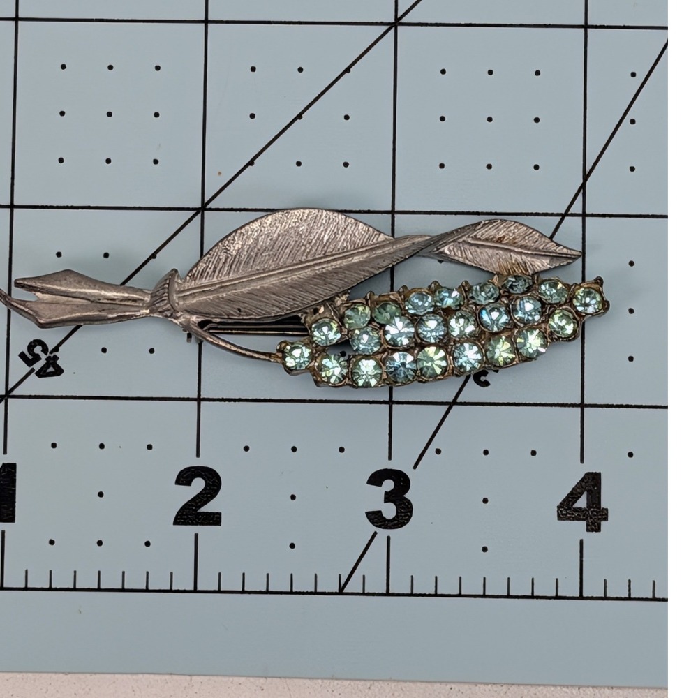 Vintage SilverTone Leaf Cluster Brooch Light Blue Rhinestone Botanical Pin 3.25"